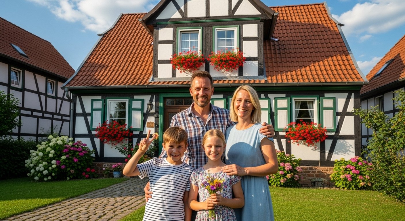 Een gezin voor hun huis in een dorp in de regio
